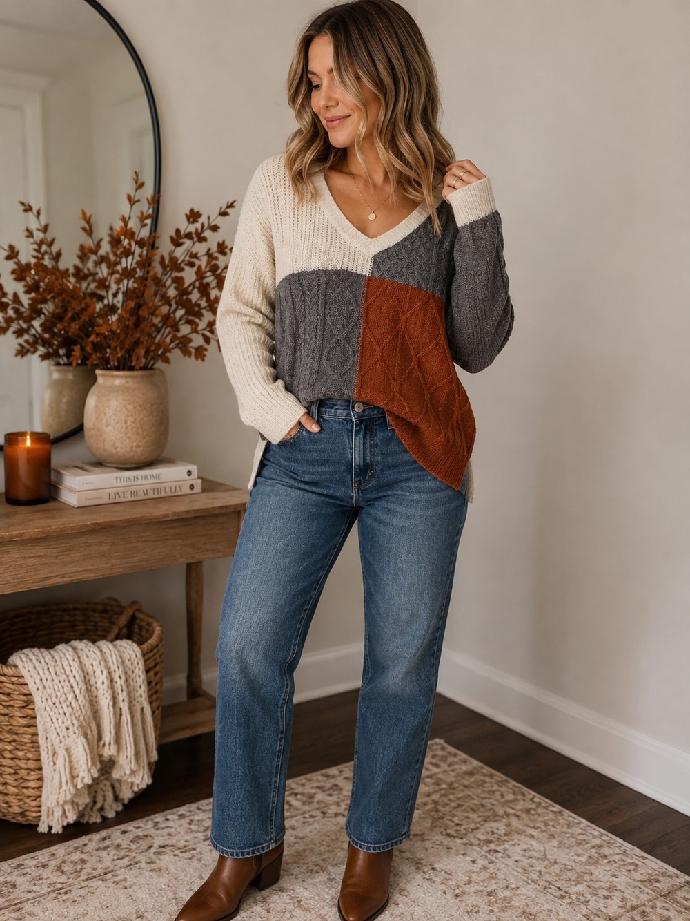 E&M Colorblock Cable Knit V Neck Lightweight Sweater Medium